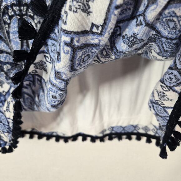 J. Jill Maxi Skirt Sz S Petite Blue White Print Elastic Waist Tassels Hem Boho - Picture 5 of 13